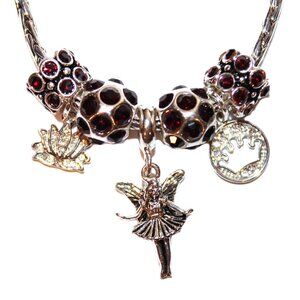 DaVinci Charm Bracelet 8" w/ 7 Beads - Fairy Lotus Flower Princess Crown Red CZ